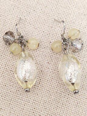Pale yellow, silver and smoke beaded earrings